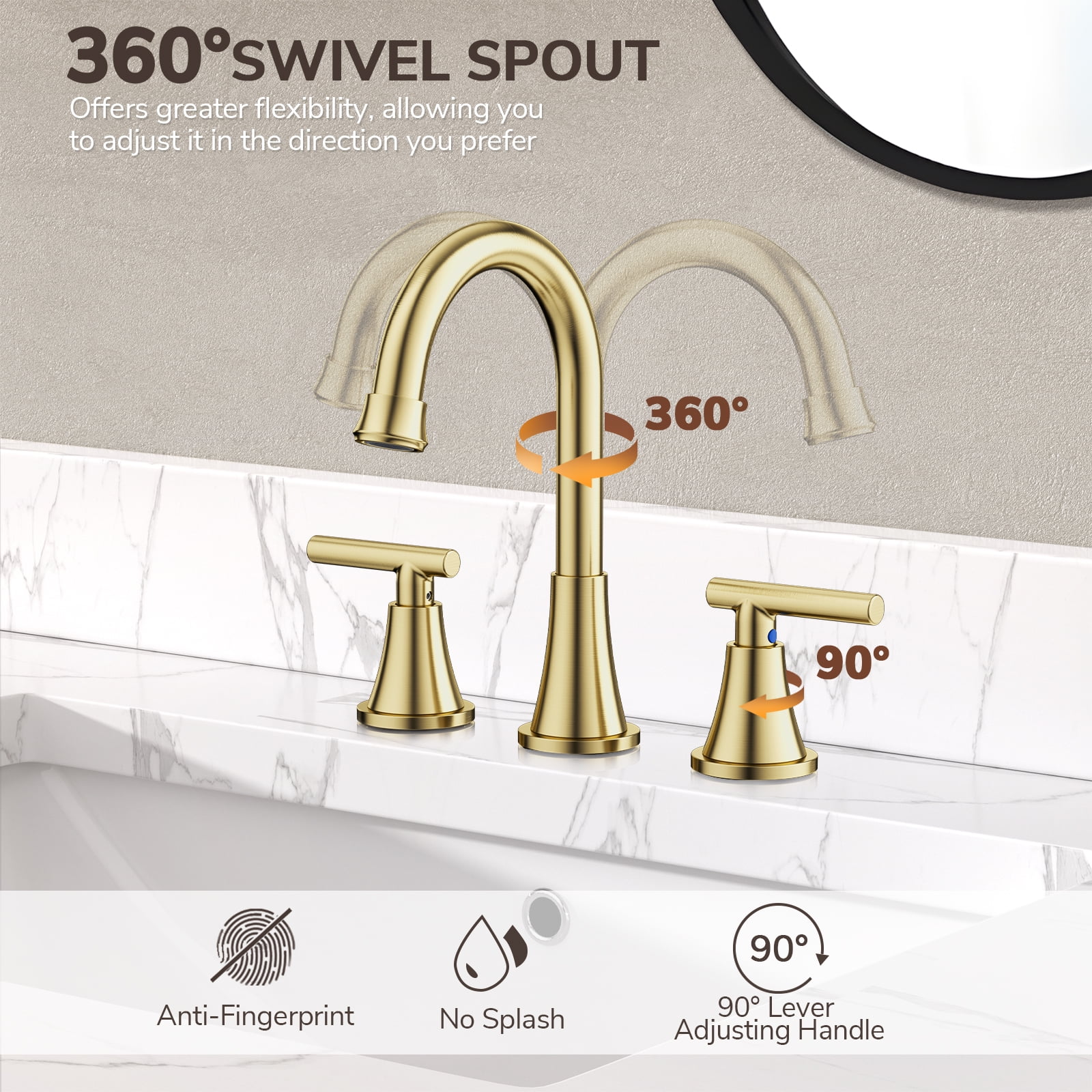 KINGTACK Bathroom Faucet for Sink 3 Hole, 8 Inch Bathroom Faucets with Pop-up Drain and Supply Lines, Brushed Gold