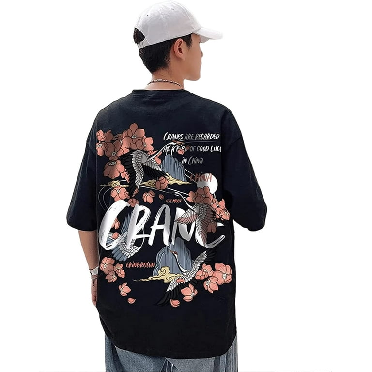 CoCopeaunt Men Women Japanese Anime T Shirt, Chinese Crane Graphic Letter Print Tee Vintage Y2K Short Sleeve Top Oversized Streetwear