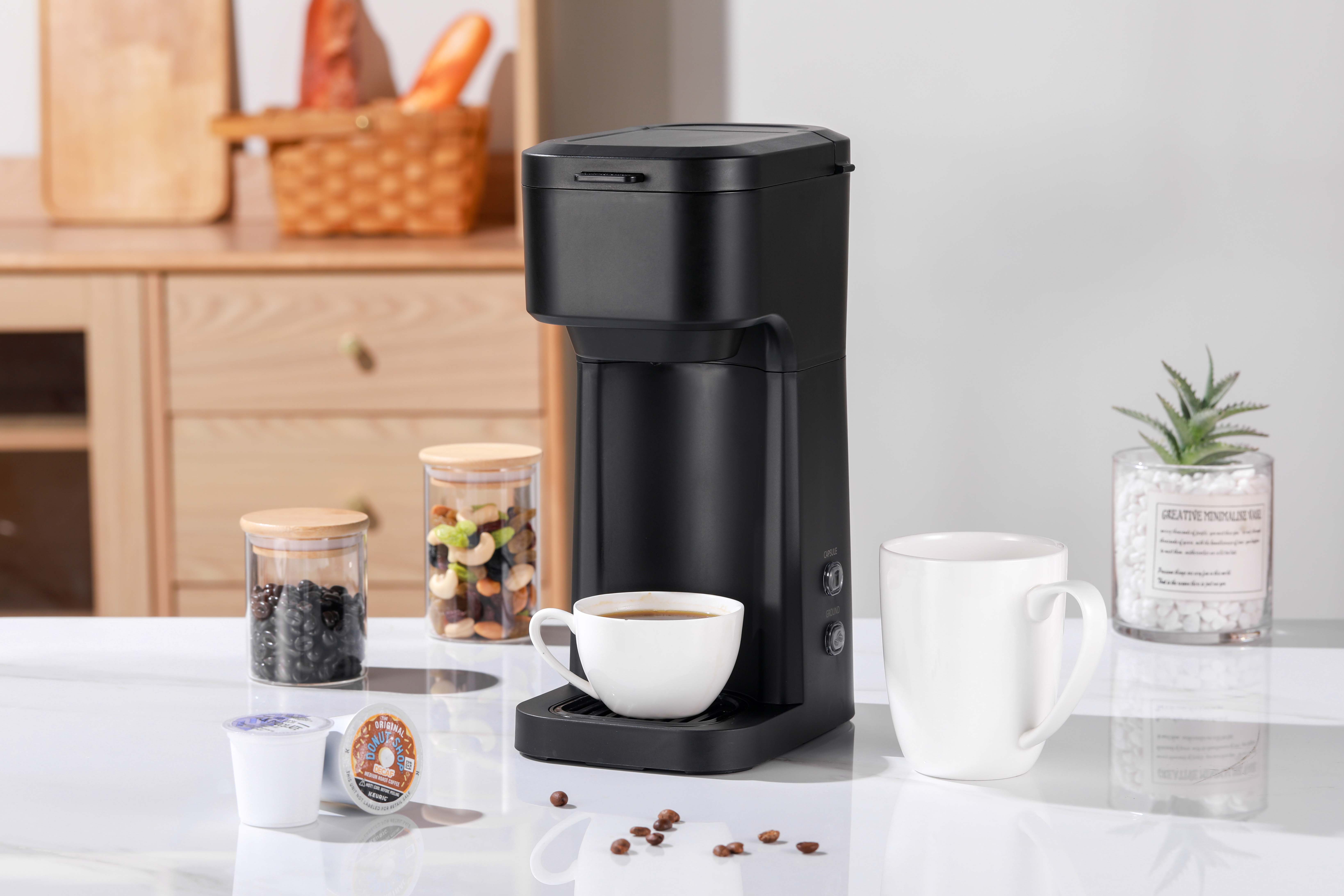MAINSTAYS BLACK MATTE DUAL BREW COFFEE MAKER, SINGLE SERVE, AUTO SHUTOFF, 14 OZ RESERVOIR