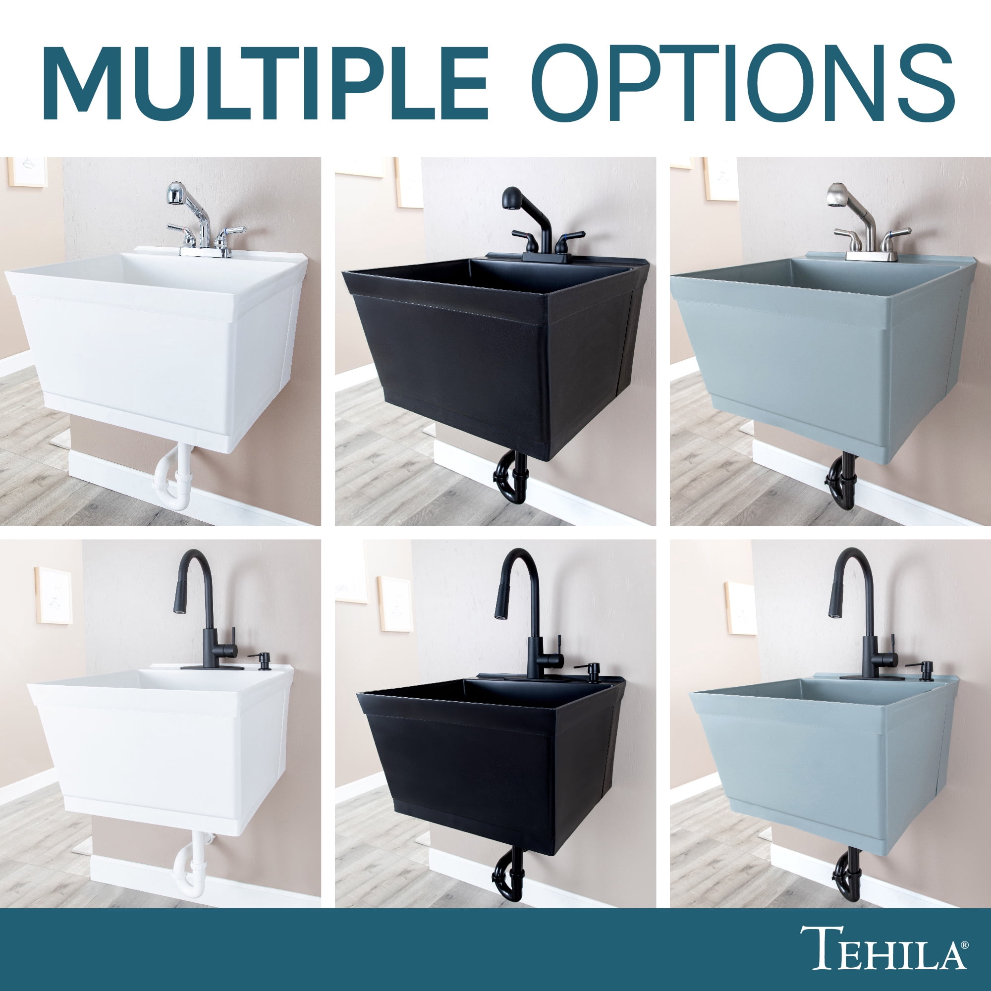 Tehila Wall Mounted Black Utility Sink with Drain Assembly Kit