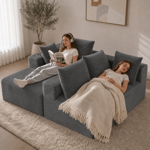 95" Modular L-Shaped Sectional Sofa with Chaise Lounge, 4-Seater Convertible Sofa Bed, Plush Corduroy Upholstery, Spring Pack Cushions, Wide Armrests with Side Pocket, Gray