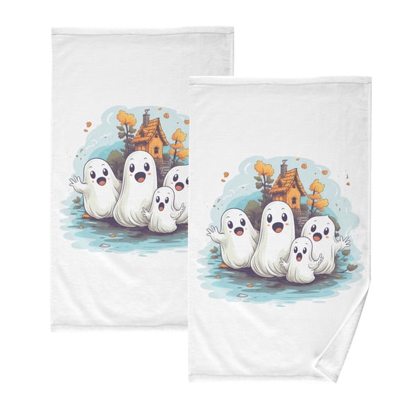Cute Halloween Ghosts Bath Hand Towels 2 Pcs Absorbent Face Towel Soft Breathable Cotton Towel Set for Bathroom Kitchen Hotel Spa Decor