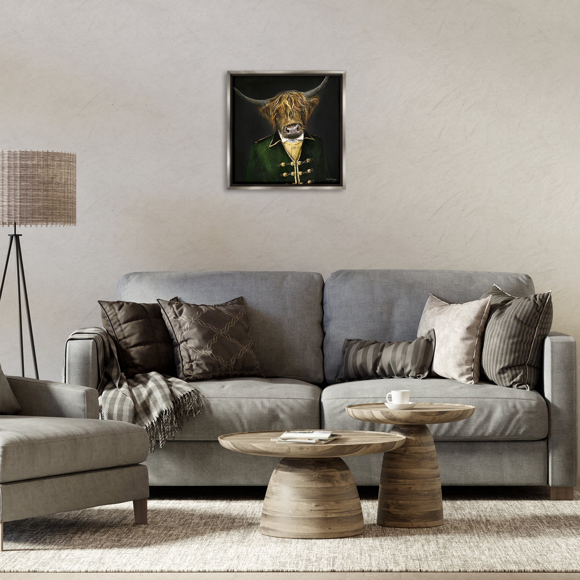 Stupell Industries Colonial Coat Cattle Novelty & Humor Painting Gray Floater Framed Canvas Art Print Wall Art, 18 x 18