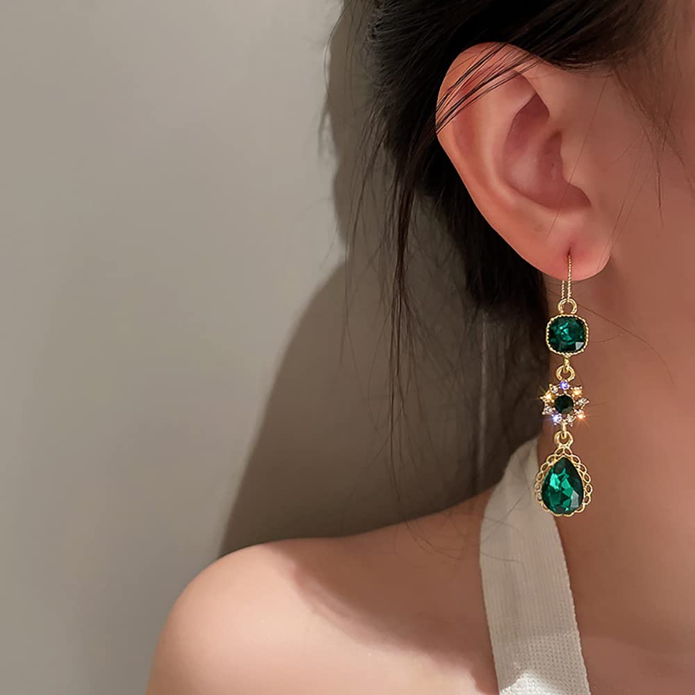 Emerald Green Cubic Zirconia Dangle Drop Earrings – 18K Gold Plated, Nickel-Free, Handmade In UK