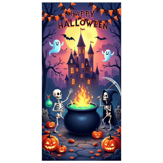Bannière Décorative Happy Halloween Squelette Design Fantômes Effrayants Maison Hantée pour Décoration des Fêtes Fête Extérieure Célébration