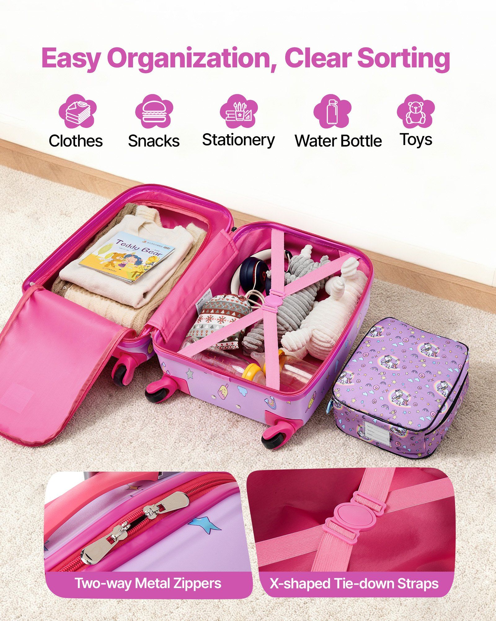 Unicorn Kids Luggage Set 5 Piece 18 Inch Hardside Rolling Suitcase Backpack U Shape Pillow Airline Approved Holiday Birthday Gift for Girls Boys