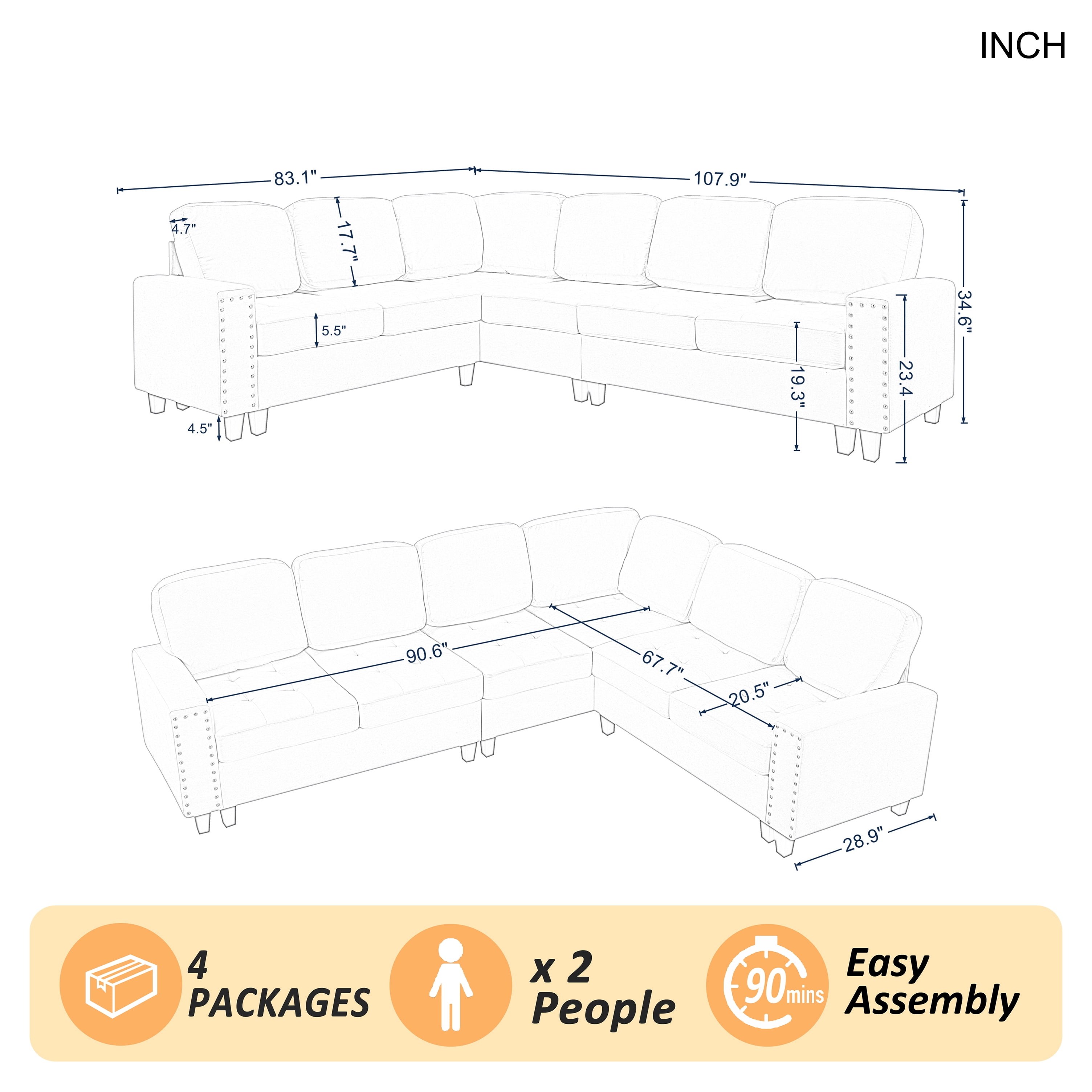 Gewnee 108" High Backrest Sectional Sofa&Couch,L-Shape Sectional Sofa Convertible Left or Right Chaise,Linen Blend，Ding Head Design,6-Seater Seating and Suitable for Living Room.(Beige)
