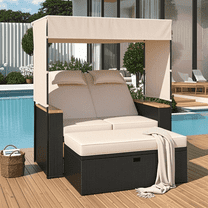 CASEMIOL Outdoor Daybed with Canopy, 2 Piece Wicker Furniture Set with Storage Bench, 5 Positions and Cushions, Outdoor Loveseat for Poolside, Backyard and Garden, Beige