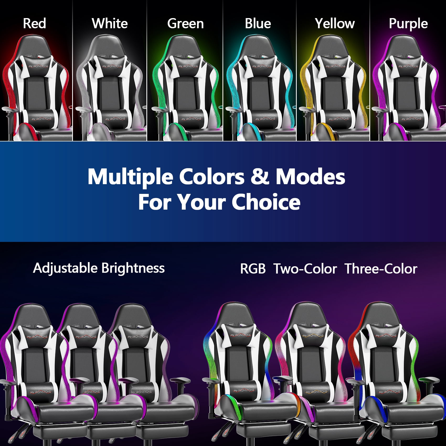 Mr IRONSTONE Gaming Chair for Adults, 7 Point Massage Computer Chair with Bluetooth Speakers RGB, Heavy Duty 400lbs Ergonomic PC Chair with 3D Armrests Footrest, Black/White