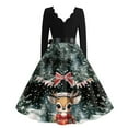 thumbnail image 3 of Women's Casual Fashion Christmas Holiday Print V-Neck Vintage Dress for Retro Style Holiday Parties and Casual Outings,Dark Green,M, 3 of 5