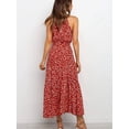 thumbnail image 5 of Women'S Summer Polka Dot Print Sleeveless Halter Neck Flowy Ruffle Hem Long Boho Dresses with Belt Wine Red XXL, 5 of 6