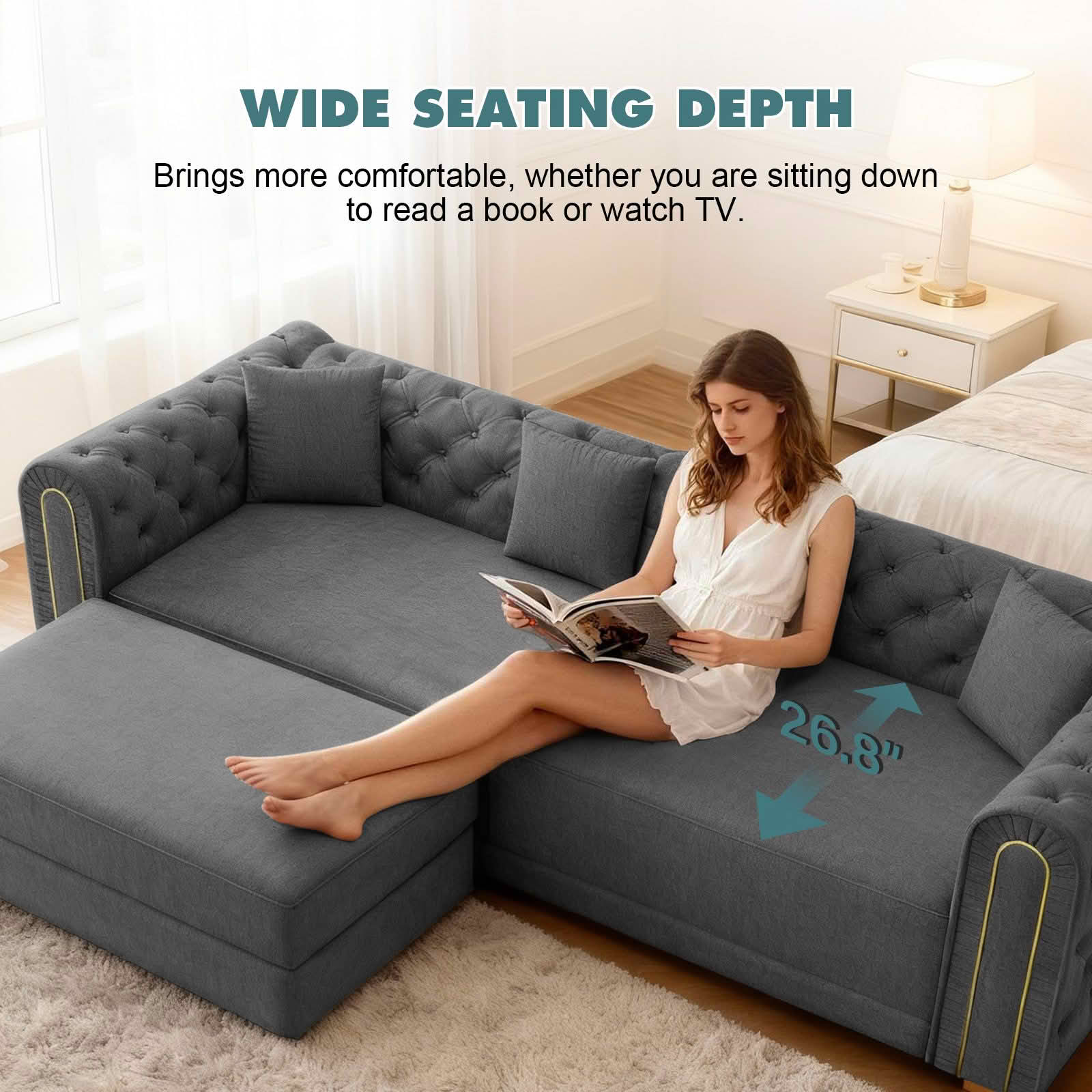 MAYEERTY 90.6" 3‑in‑1 Convertible Sleeper Sofa, Modern Velvet 3‑Seater Couch with Tufted & Gold Trim, Movable Ottoman, 4 Pillows Included