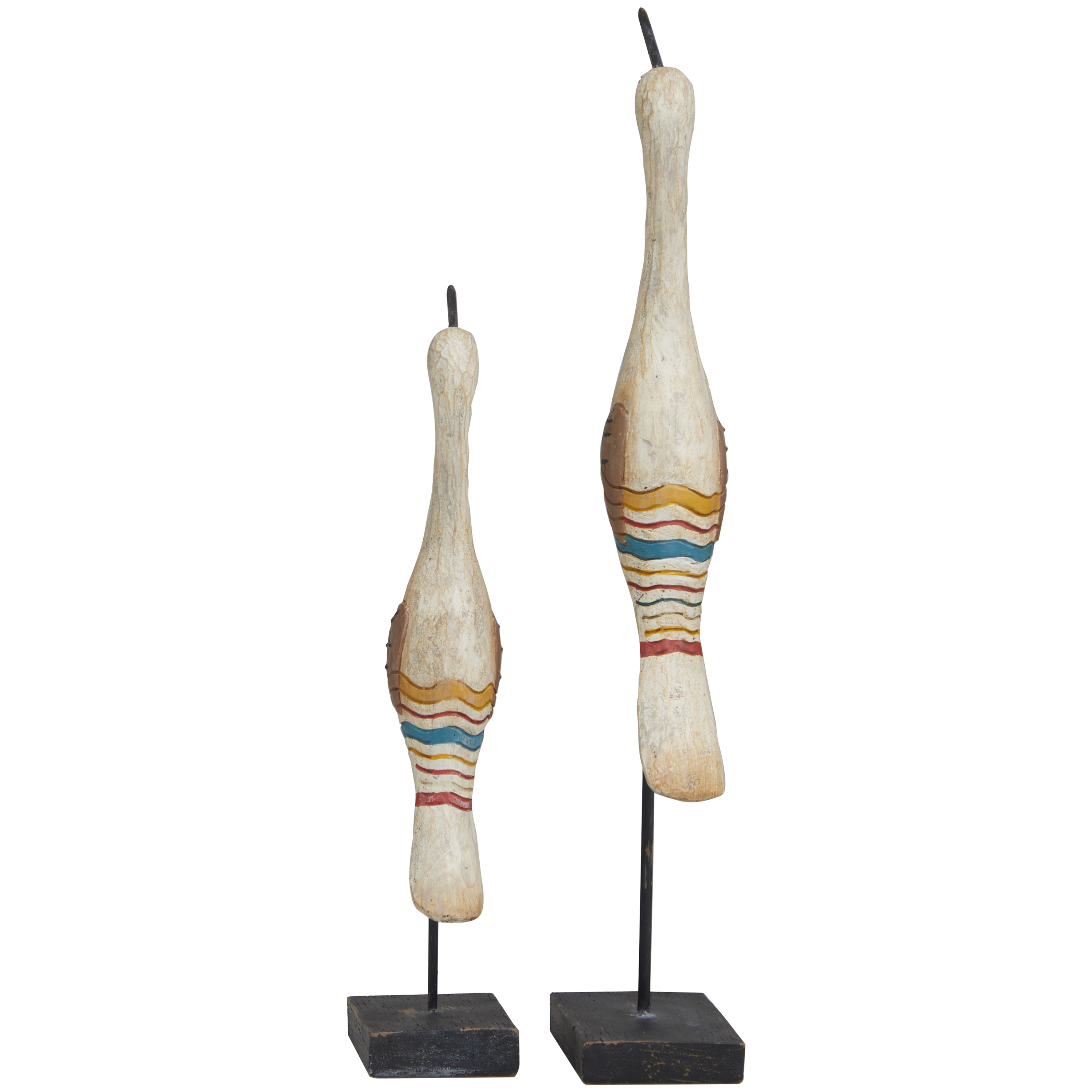 17", 12"H Cream Polystone Handmade Distressed Carved Bird Sculpture with Colorful Patterns and Black Stand, by DecMode (2 Count)