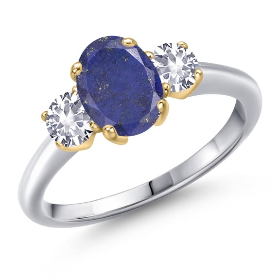 Gem Stone King 925 Silver and 10K Yellow Gold Blue Lapis and White Created Sapphire Engagement Ring for Women | 1.90 Cttw | Oval 8X6MM | Gemstone Birthstone | Size 7