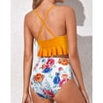 thumbnail image 4 of Women Two Piece Swimsuits High Waisted Ruffle Flounce Bikini V Neck Tummy Control Bathing Suit Yellow Floral (2XL, 4 of 5