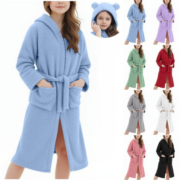 HAOTAGS Bathrobe for Teen Girls, Fall Winter Thickened Sleepwear Casual Loungewear Blue 7 Years