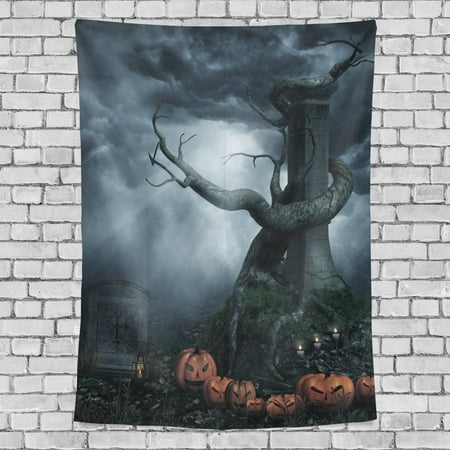 POPCreation Gothic Castle Tapestry Gothic Tree Graveyard Skulls Tombstone Pumpkin Lantern Moon Night Art Fabric Tapestry Throw Dorm bedroom Art Home Decor Tapestry Wall Hanging 40x60 inches