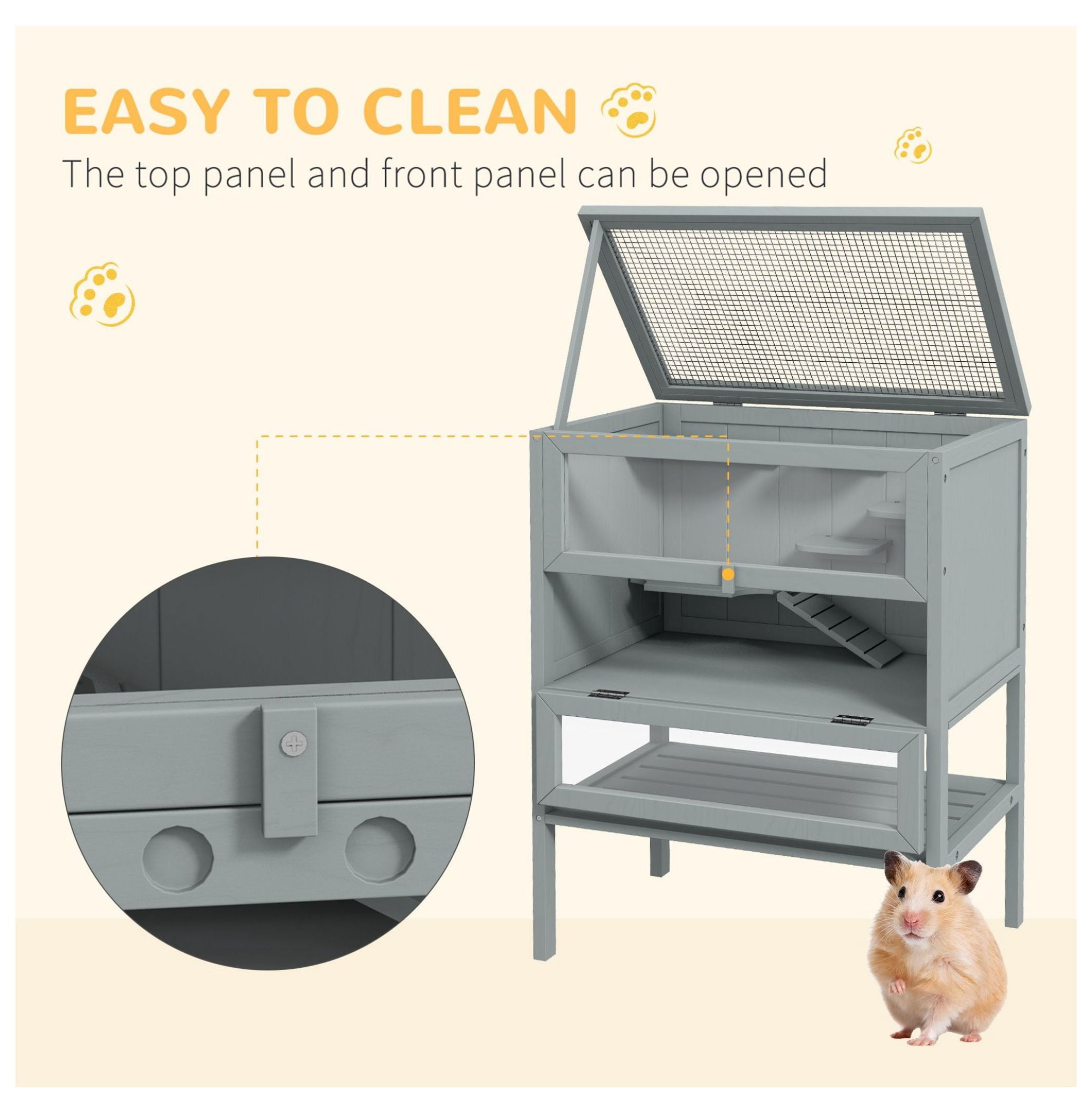 3-Tier Wooden Large Hamster Cage, Mice and Rat Cage Small Animals Hutch with Openable Top, Front Door, , Gray