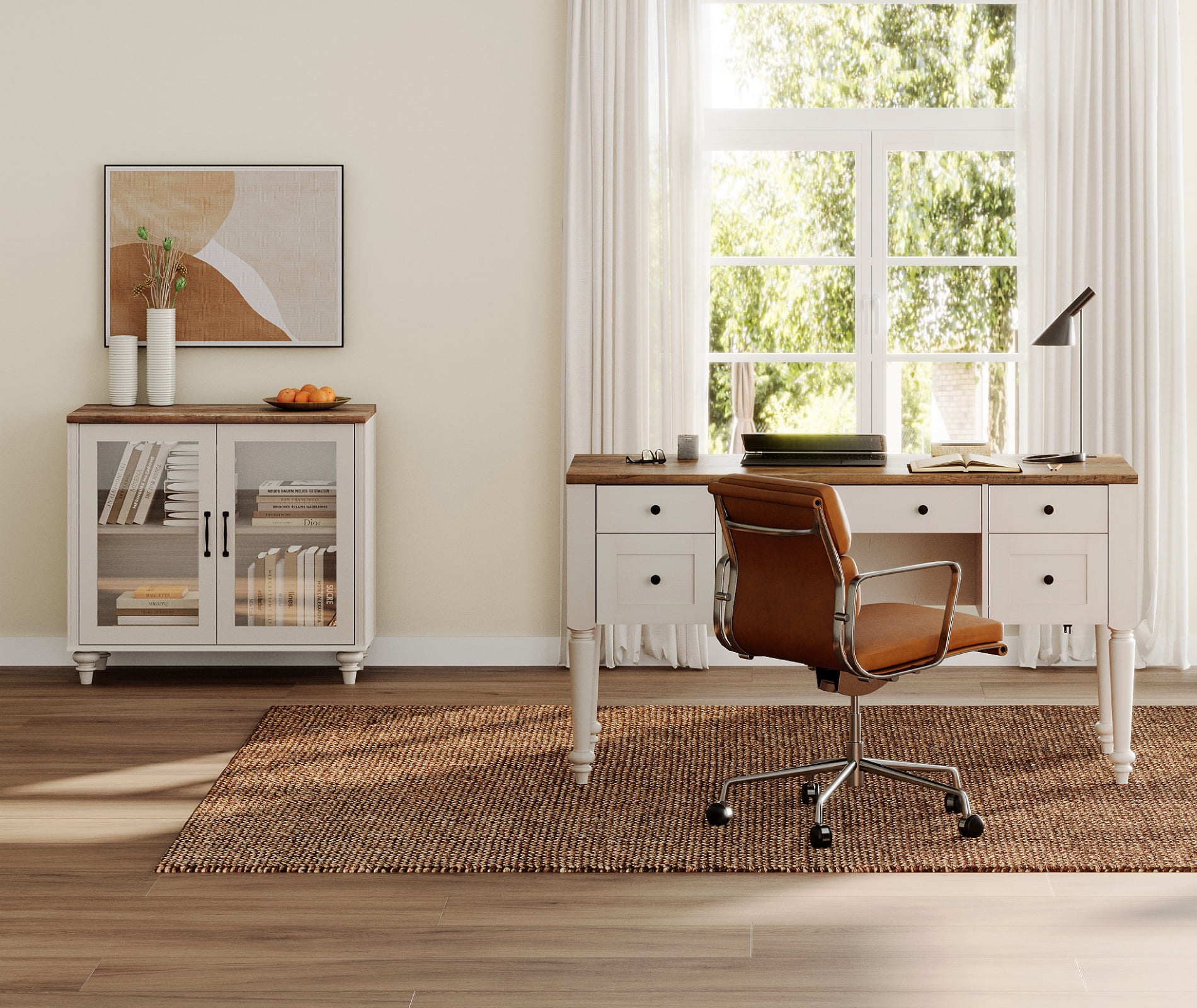 White Home Office Furniture Set, 56" Executive Desk with Charging Station, Farmhouse Cabinet with Glass Doors, Wood Computer Desk with File Cabinet Storage, Open Shelf