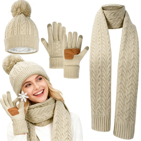 DAKIMOE Winter Beanie Hat Gloves Set Scarf for Women Warm Fleece Knit Touchscreen Gloves for Women 3 in 1 Set, Oatmeal
