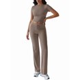 thumbnail image 2 of Women'S 2 Piece Lounge Sets Short Sleeve Tops Fold-over Flare Pants Casual Outfits Matching Set Camel Color L, 2 of 6
