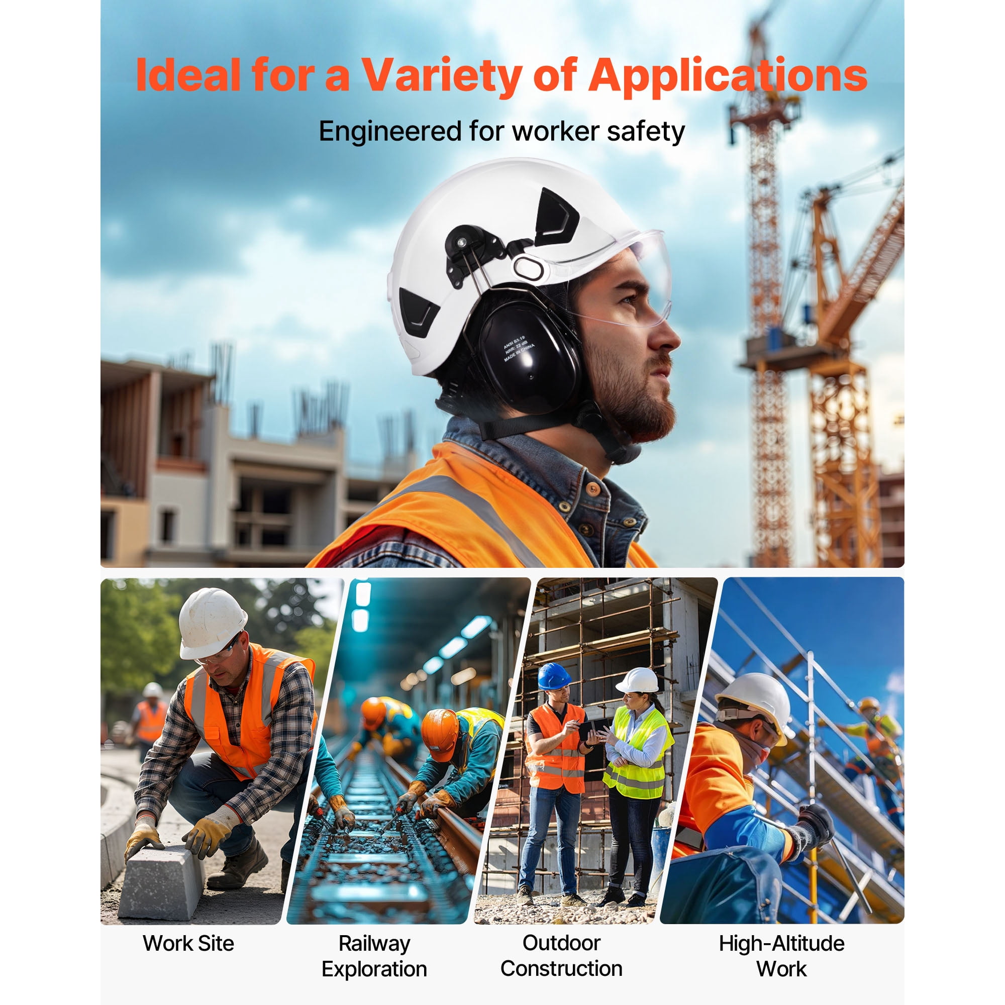KFFKFF Industrial Safety Helmet, ANSI/ISEA Z89.1 Certified ABS Hard Hat with Visor & Earmuffs, 6-Point Adjustable Suspension, Vented Design for Men & Women, Suitable for Outdoor Construction Work
