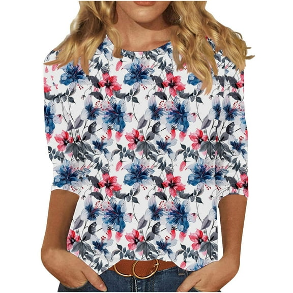 Womens Summer Tops New Round Neck Floral Print Shirts Casual Fashion Three-Quarter Sleeves Pullover T-Shirts Summer Clothing Top