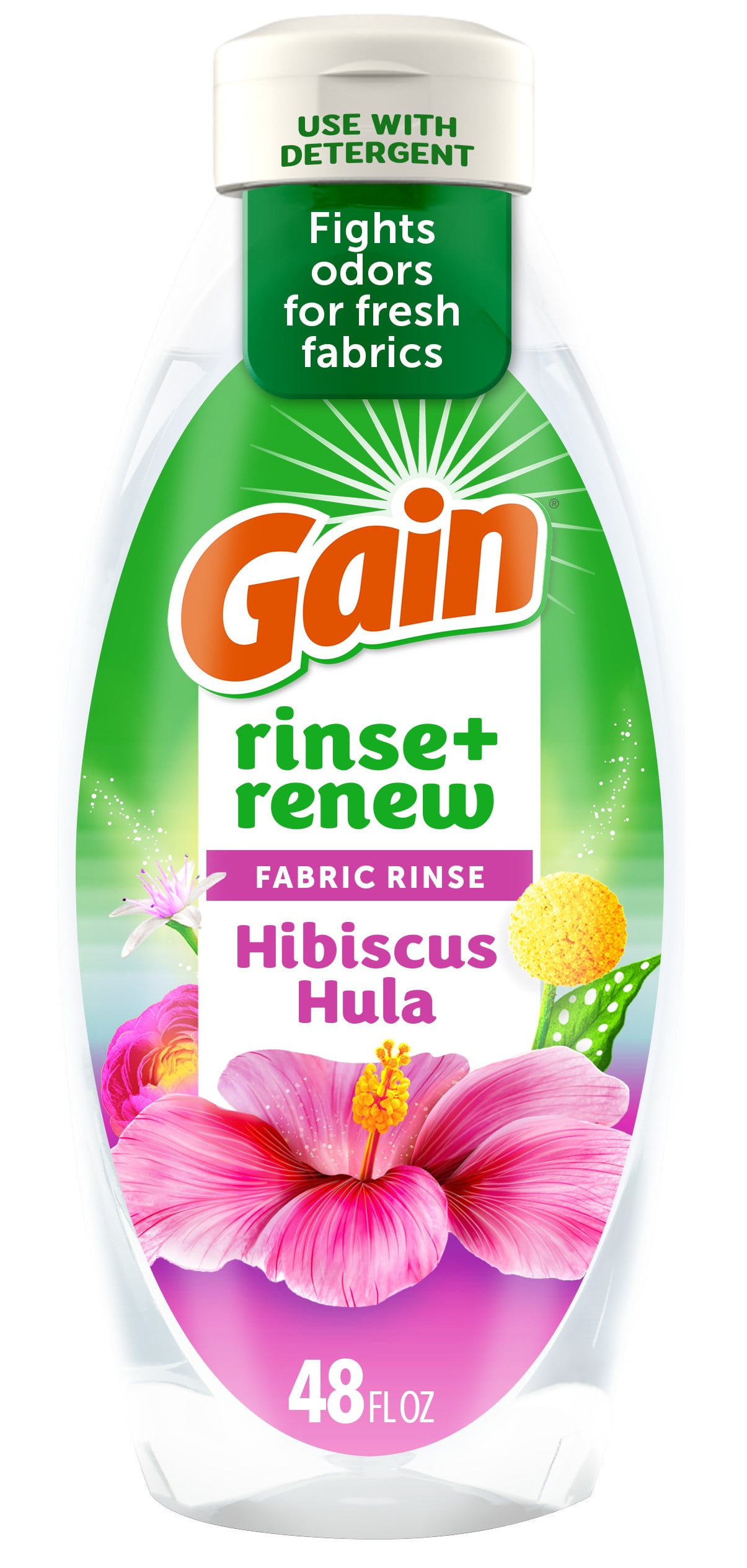 (4 pack) Gain Rinse Out Odor Fabric Softener Rinse, Odor Fighter, Hibiscus Hula Scent, 48 fl oz