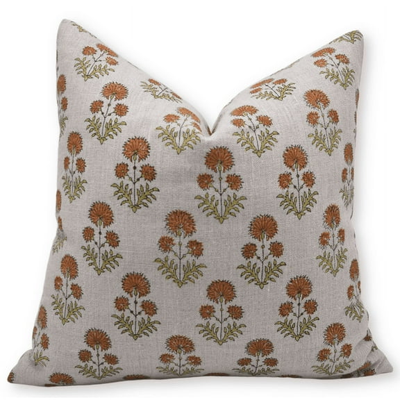 Fabdivine Block Print Throw Pillow Cover, 22x22 Inch Thick Linen Handmade Cushion Cover, Floral Boho Design Mustard Pillow Cover for Sofa And Couch