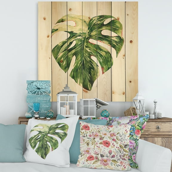 Designart 'Tropical Green Leaves On White In Summer Times III' Tropical Print on Natural Pine Wood