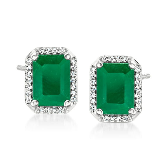 Ross-Simons 2.00 ct. t.w. Emerald and .15 ct. t.w. Diamond Earrings in 14kt White Gold, Women's, Adult