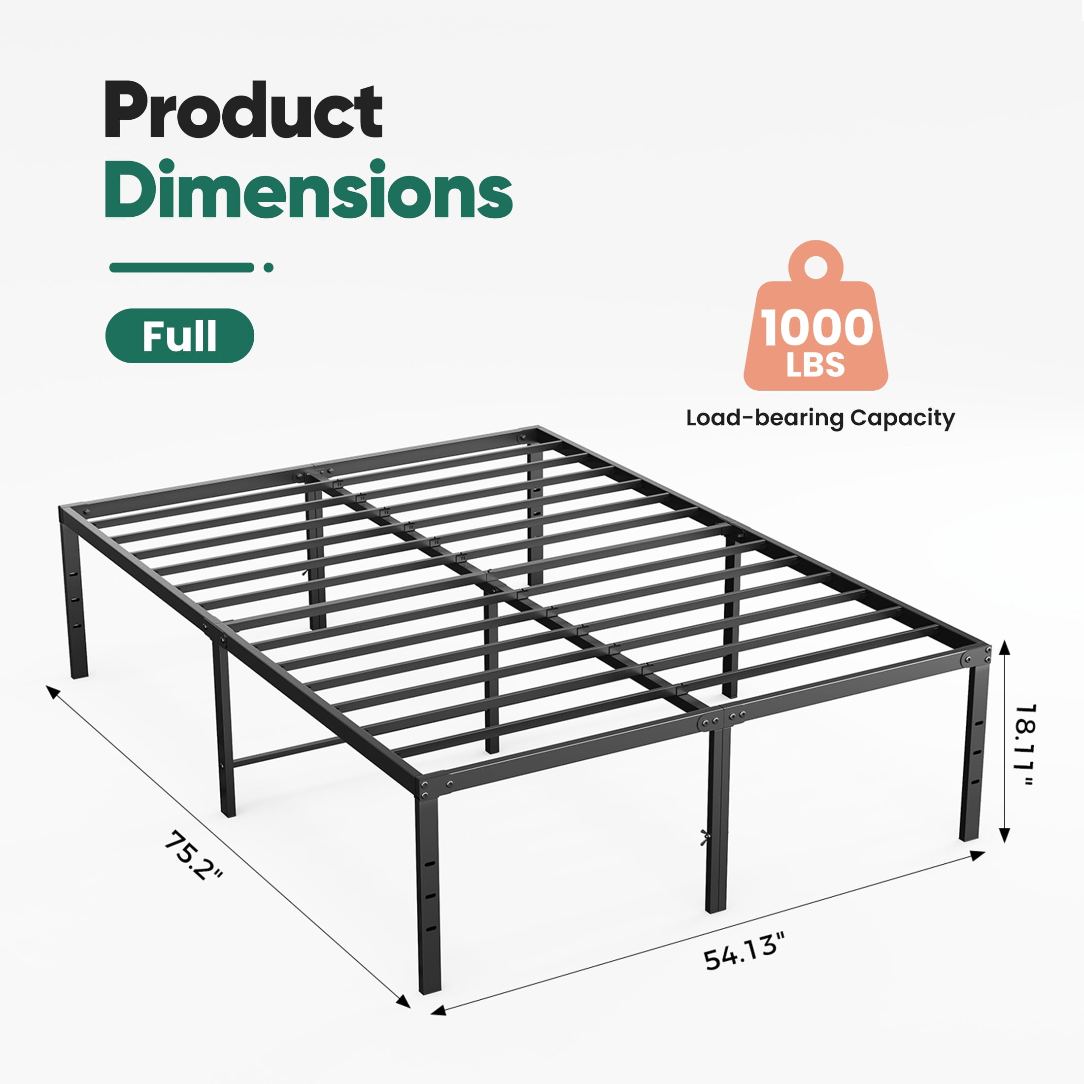 EDX 18 Inch Full Bed Frame, Extra Tall Metal Platform with Steel Slats, Heavy Duty, Under Bed Storage, Noise Free, Easy Assembly, Black