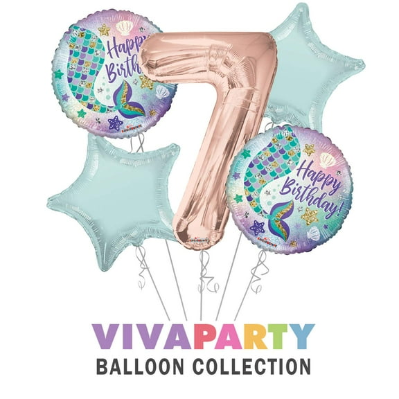 Happy Birthday Mermaid Round Balloon Bouquet 5 pc, 7th Birthday, Rose Gold Number 7 Jumbo Balloon | Viva Party Balloon Collection
