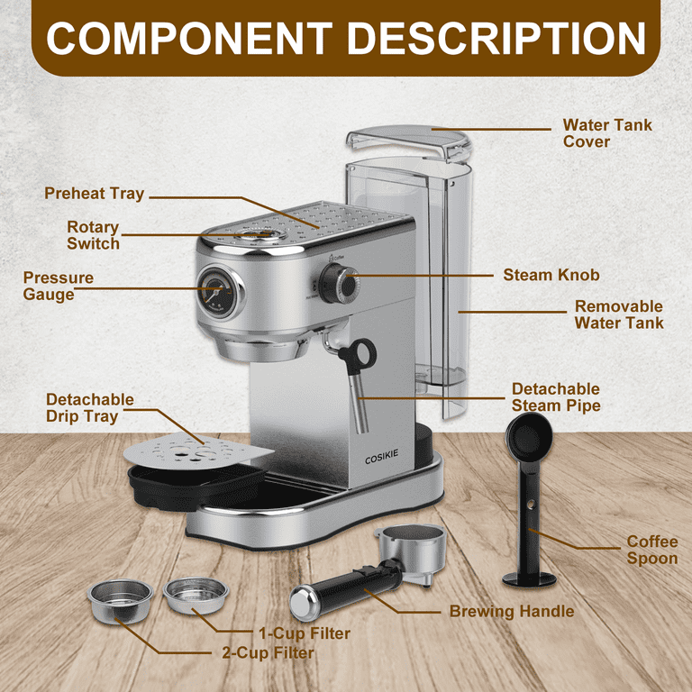 Semi Automatic Espresso Machine with Grinder, Steamer Milk Frother, COSIKIE  All in One , 20 Bar, Home Barista Cappuccino Coffee Maker, Gifts for Her