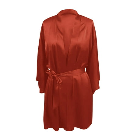 Bcresic Women s Sexy Lingerie Satin Robe Lace Chemise Long Sleeve Nightgowns Plain Sleepwear Comfy Loungewear Lapel Nightwear for Ladies Clearance Saving Red Medium