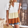 thumbnail image 3 of Blusa con dobladillo con volantes para mujer, talla grande, con botones delanteros, dobladillo con volantes, manga corta, bloque de color, cuello en V, 3 of 6