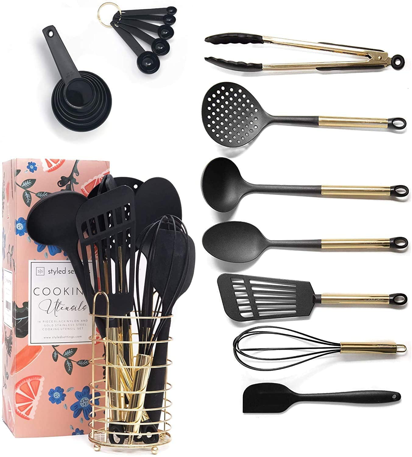Black and Gold Cooking Utensils with Stainless Steel Gold Utensil Holder    25 Piece Kitchen Utensils Set with Holder Includes Black and Gold Measuring  ...