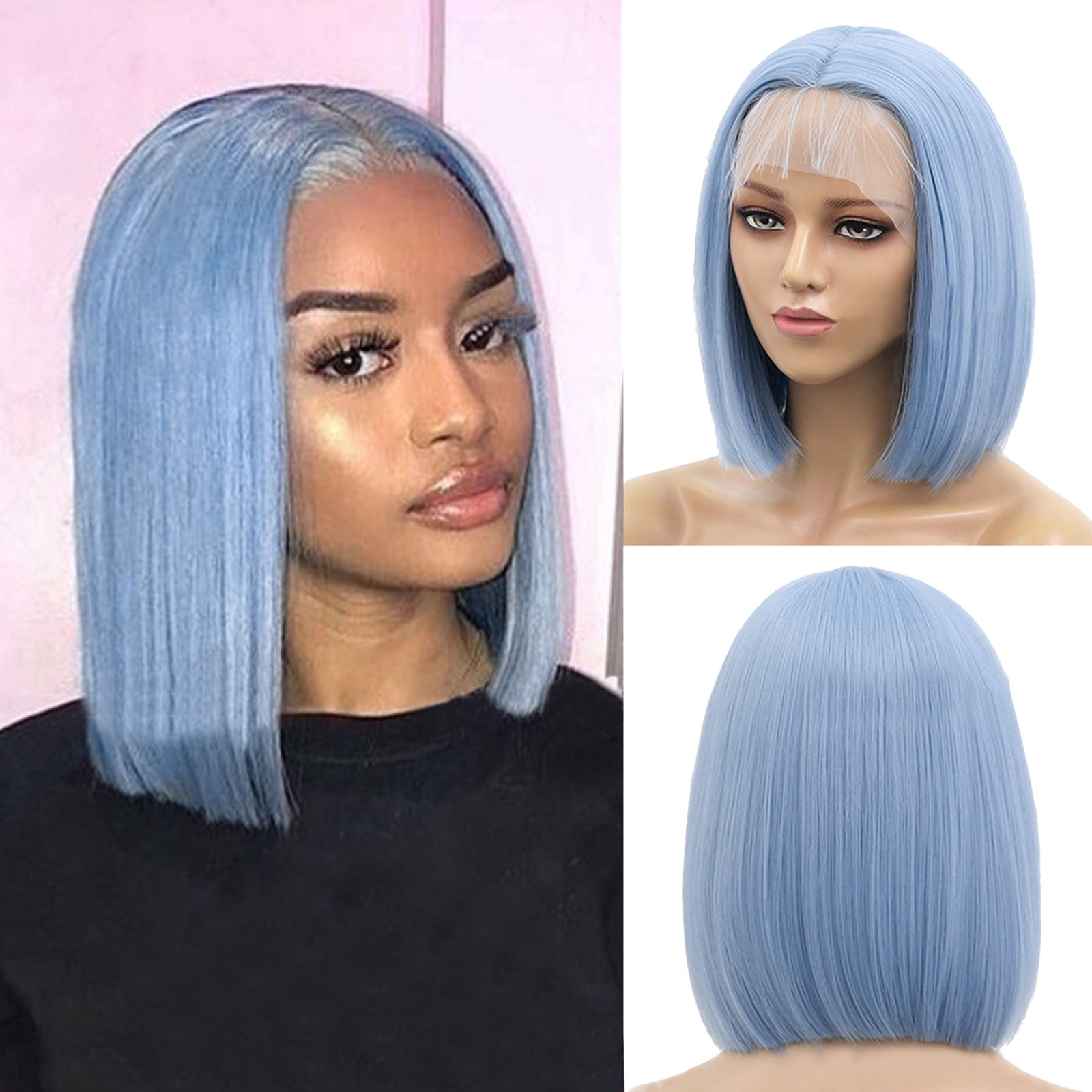 Short Pink Bob Wig for Women, Straight Synthetic Wig Heat Resistant Colored Wigs for Party Use(Blue,One Size)