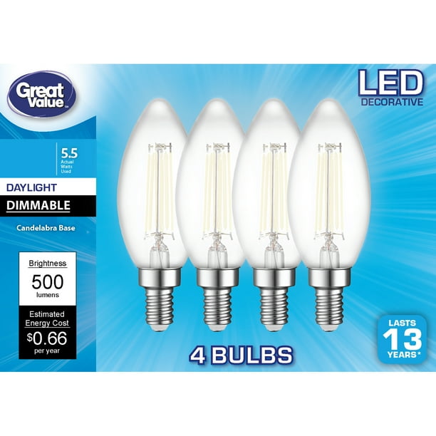 Great Value Led Light Bulb 5 5 Watts 60w Equivalent B10 Deco Lamp E12 Candelabra Base Dimmable Daylight 4 Pack Walmart Walmart  Great Value Led Light Bulb 5 5 Watts 60w Equivalent B10 Deco Lamp E12 Candelabra Base Dimmable Daylight 4 Pack Walmart Walmart