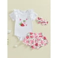 thumbnail image 2 of Nygoyerh Baby Girls Sweet Summer 3Pcs Outfits Strawberry Embroidery Short Sleeve Romper + Ruffled Shorts + Headband 3M 6M 12M 18M Newborn Infant Cute Shorts Sets, 2 of 9