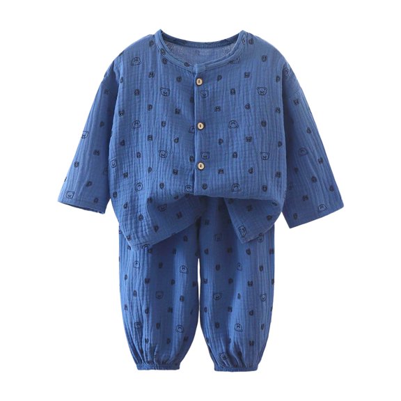 Quealent Toddler Baby Girl Cotton Linen Button-up Pajamas Bear Print Long Sleeve Kid Sleepwear PJs Set (Blue, 3-4 Years)