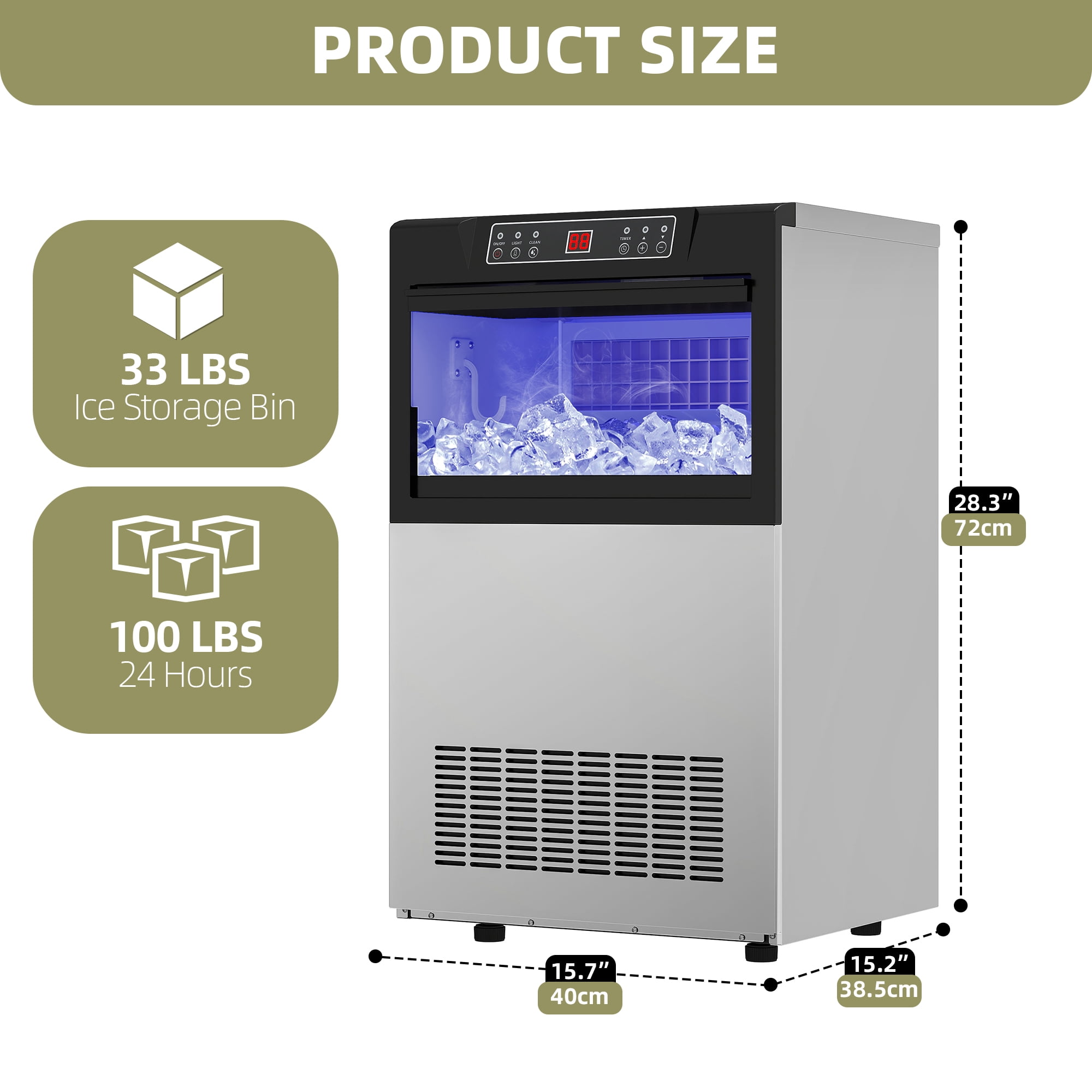 Dextrus Upgraded Commercial Ice Machine, 100LBS/24H Ice Maker with 33LBS Storage Bin, LCD Panel with Blue Light & Stainless Steel Scoop for Restaurant, Home, Bars, Coffee Shop(36PCS)