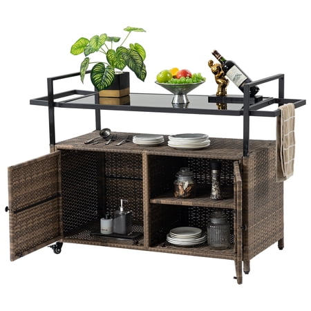 CQSXD Outdoor Wicker Bar Cart in Elegant Brown with Glass Top Rolling Beverage Serving Cart for Patio Party