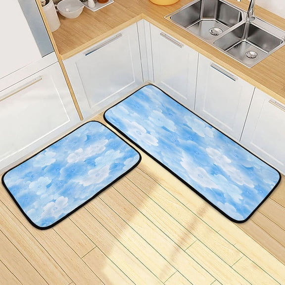 Kitchen Floor Mat 2 Sets Carpet Floor Mat Kitchen Mat Bathroom Mat Living Room Mat Bedroom Mat Absorbent Delicate Fabric No Ball Blue Pretty Lovely Flowers Seamless