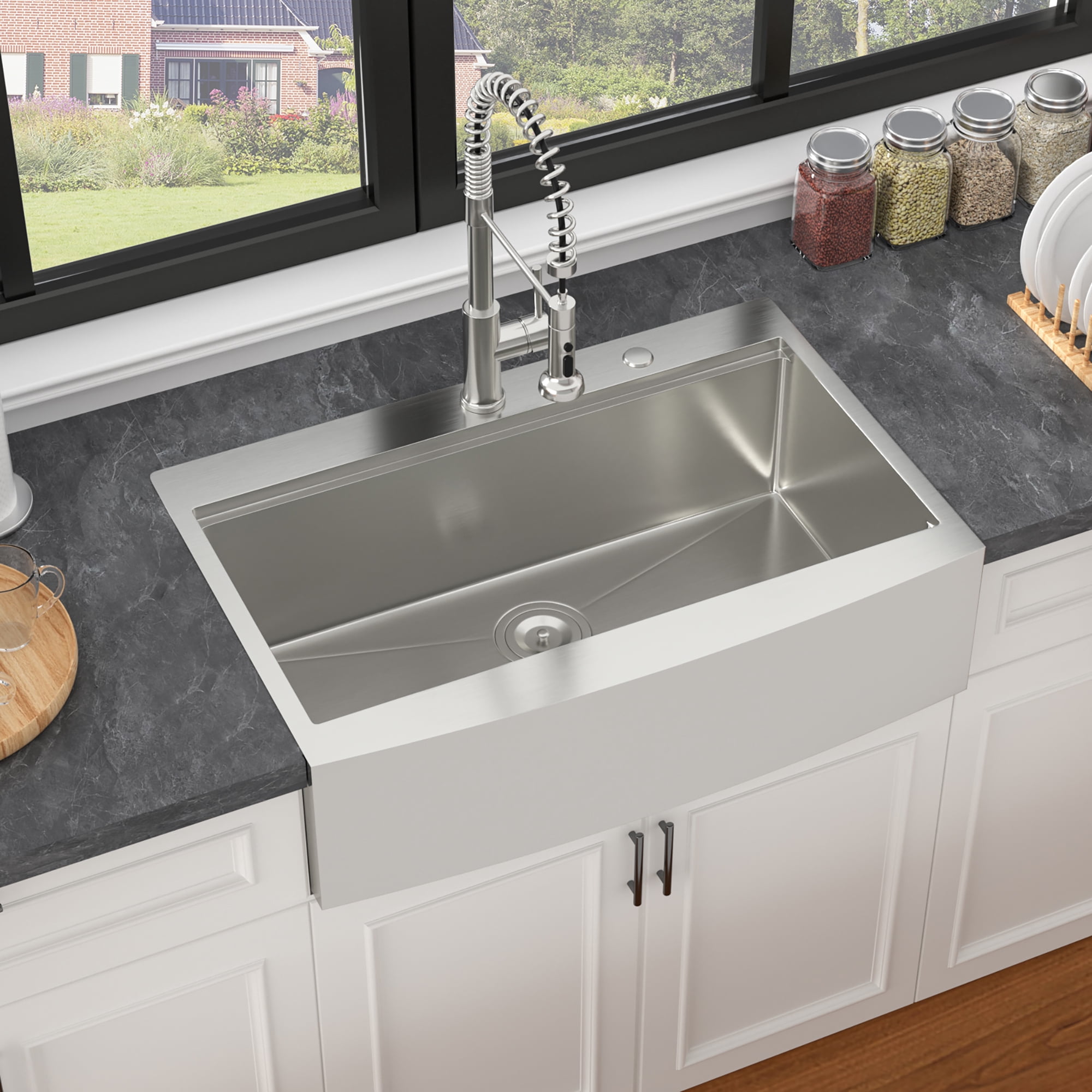 SUNRINX 33" Drop-in Workstation Farmhouse Kitchen Sink, 16 Gauge Stainless Steel, Brushed Nickel