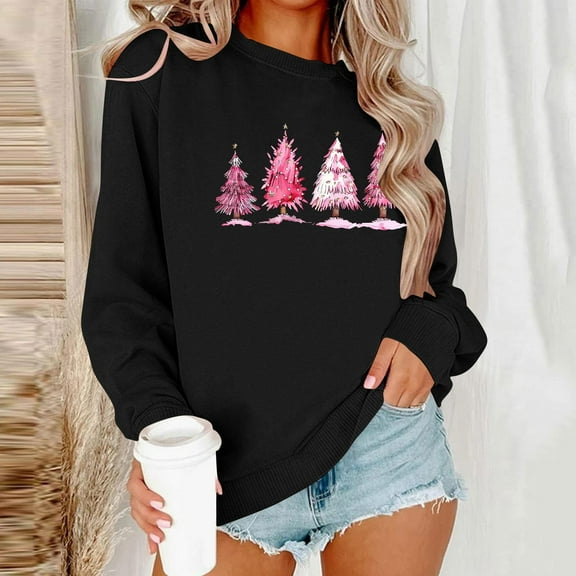 Sakmal Cute Sweatshirts Women Christmas Black Oversized Sweatshirts Christmas Trees Casual Fall Fashion Tops