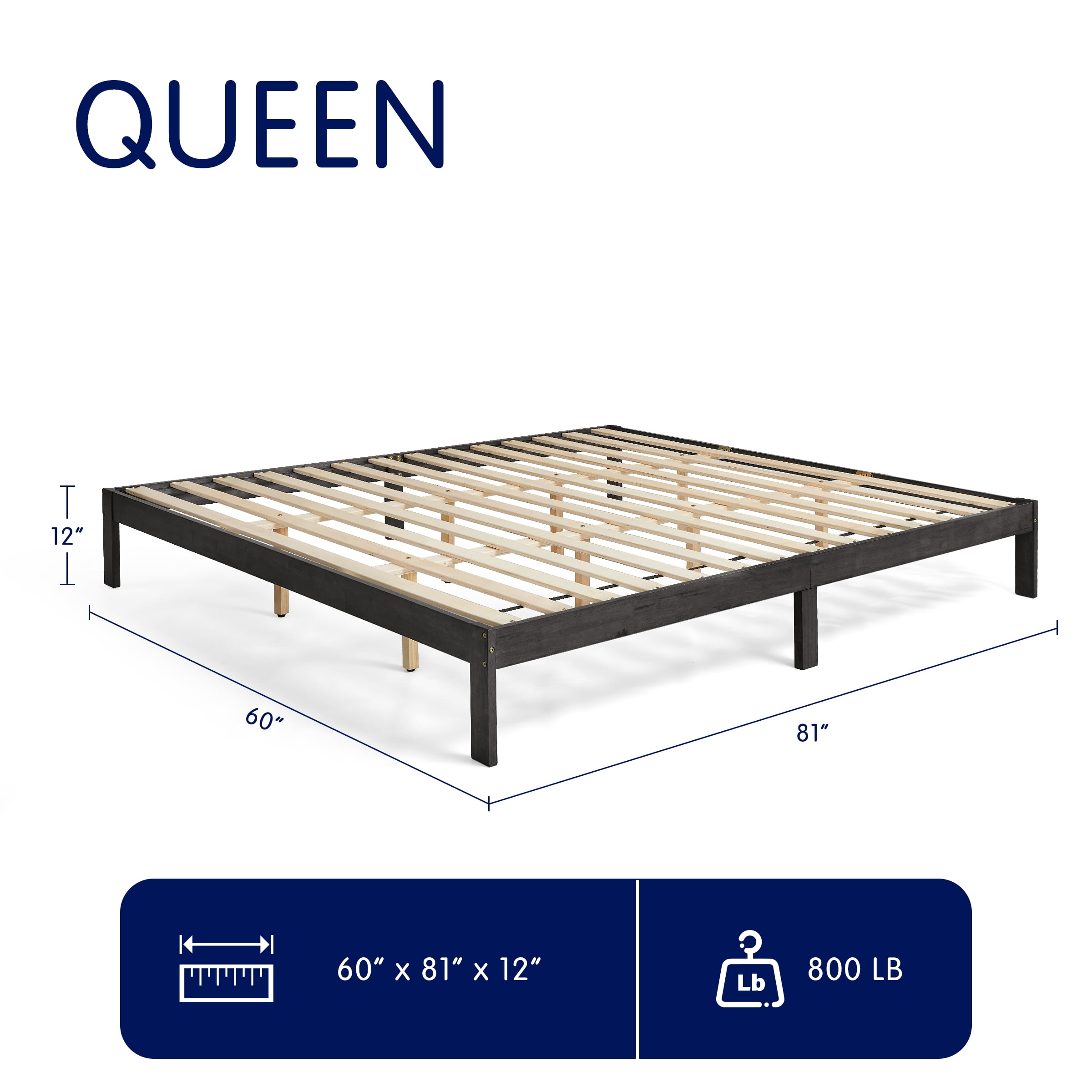 Queen Size Bed Frame, Solid Wood Platform with Wood Slat Support, No Box Spring Needed, Gray