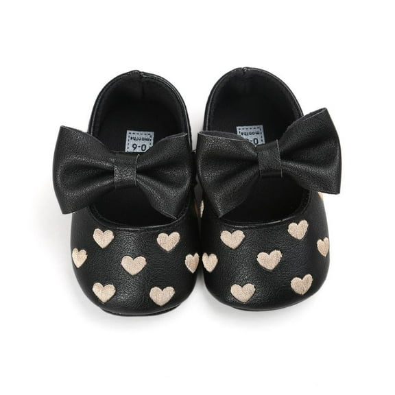 New Newborn Baby Girls Love Big Bow Embroidery Soft Bottom Non-slip First Walke Prewalker Boots Bottom PU Leather Shoes Black M