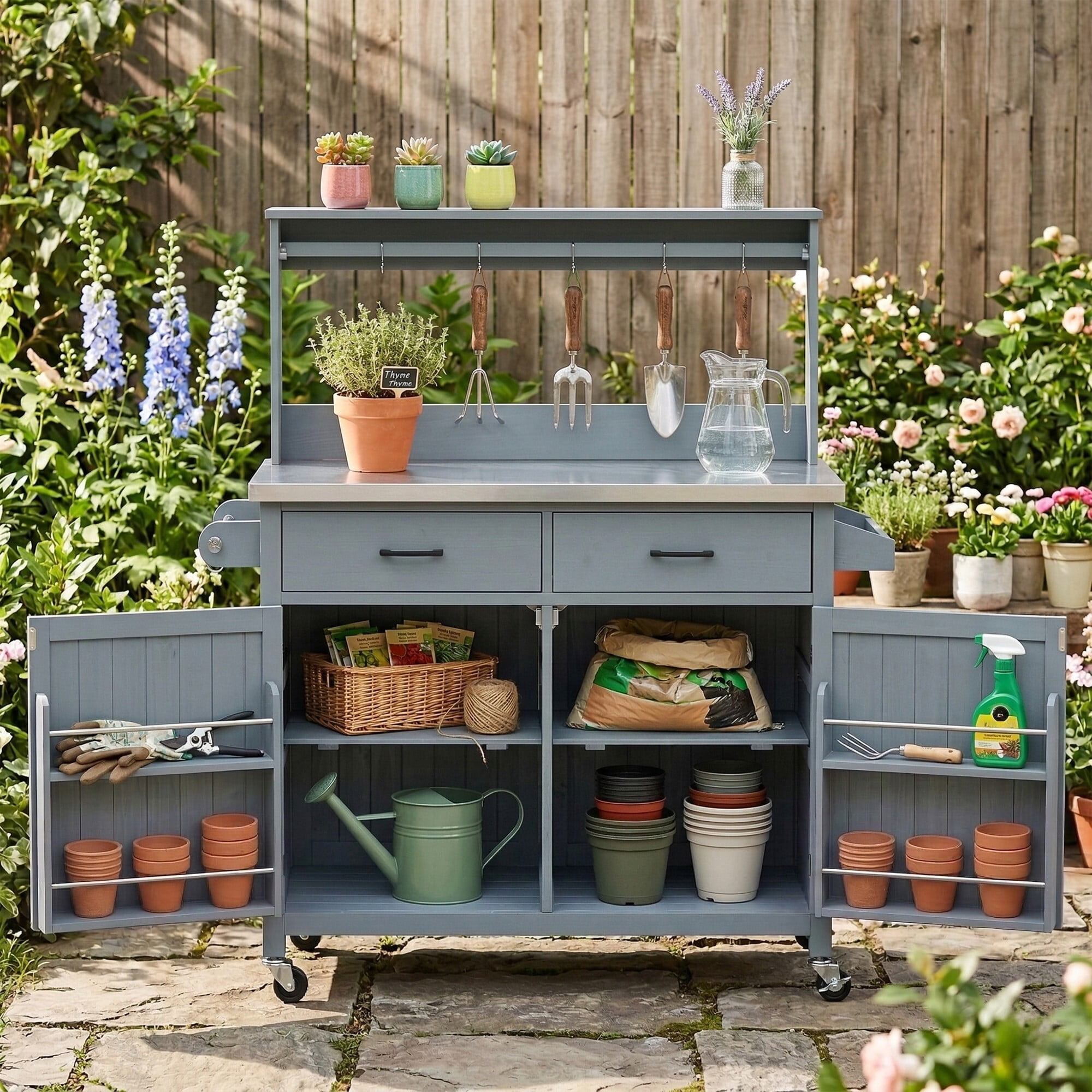 AENKYO 54" Outdoor Kitchen Island, Rolling Grill Cart & Potting Bench with Stainless Steel Top, BBQ Prep Station, Blue