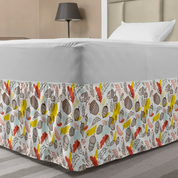 Acorn Bed Skirt, Boho Style Silhouettes of Acorns and Leaves Ornamented with Oriental Design Motifs, Elastic Bedskirt Dust Ruffle Wrap Around for Bedding Decor, 4 Sizes, Multicolor, by Ambesonne